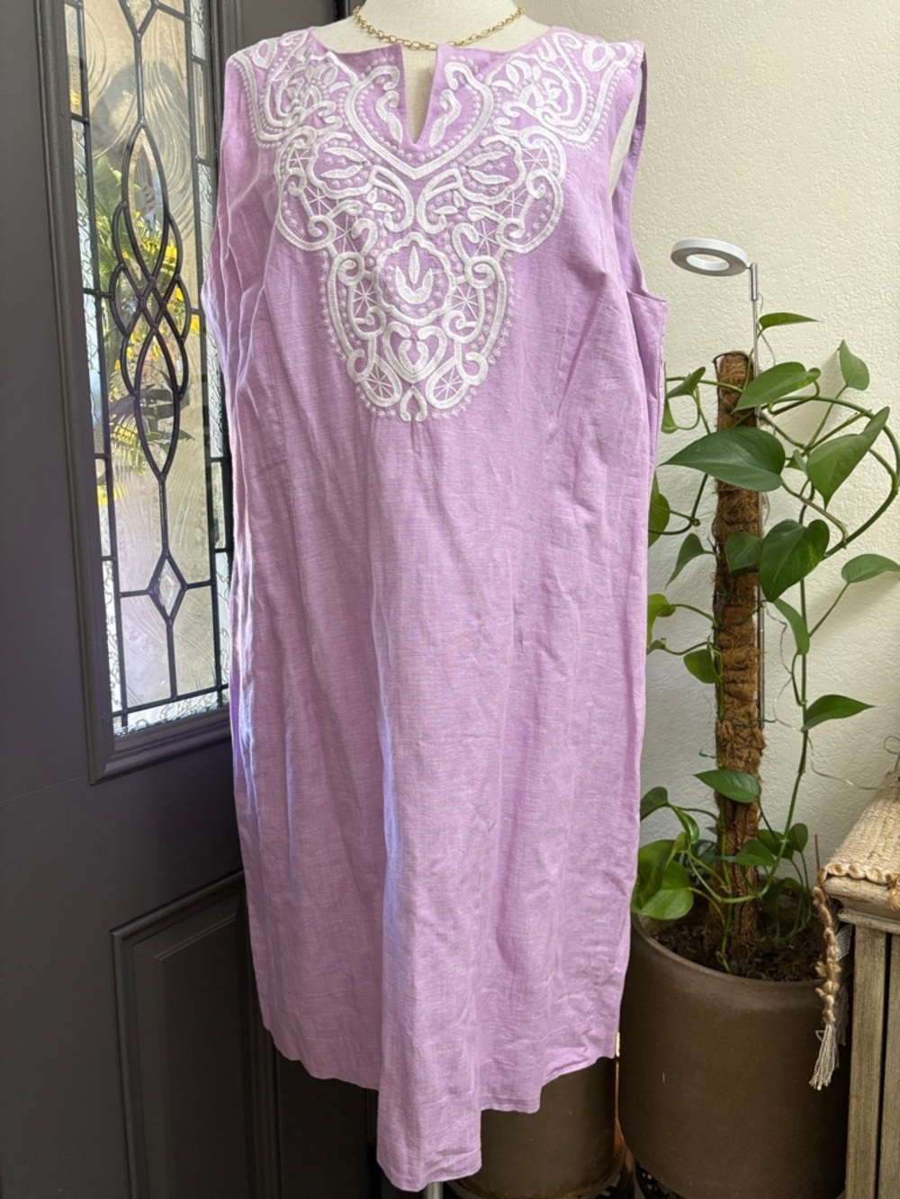 Talbots Plus Linen Blend Light Lilac Embroidered Maci Dress | Size 16W - Picture 4 of 10